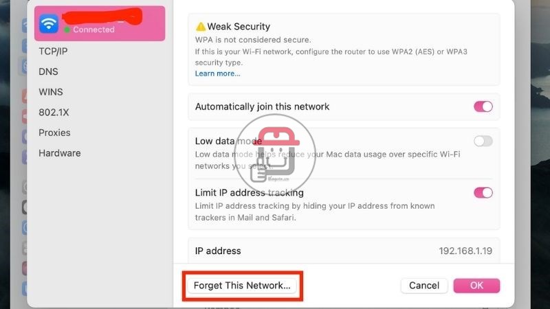 Nhấp vào Forget This Network (Quên mạng này)