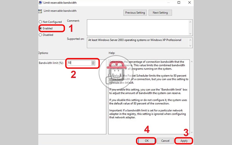 Kích hoạt Limit Reservable Bandwidth